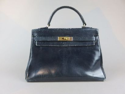 HERMES Small Kelly bag in navy blue leather...