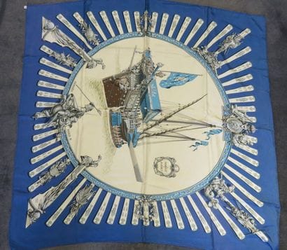 HERMES Silk scarf with blue decoration on...