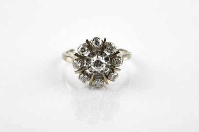 Ring in white gold and platinum, daisy shape...