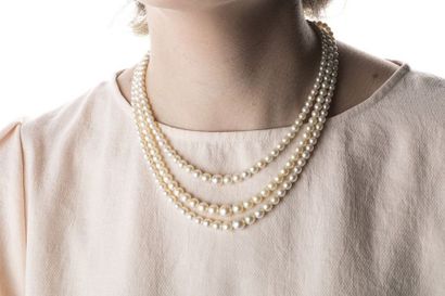 Necklace with three rows of falling cultured...