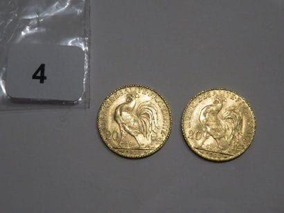 Monnaies or - Lot de 2 x 20 Francs Coq 1908...