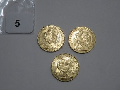 Monnaies or - Lot de 3 x 20 Francs Coq 1911...