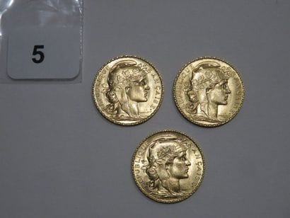 Monnaies or - Lot de 3 x 20 Francs Coq 1911...