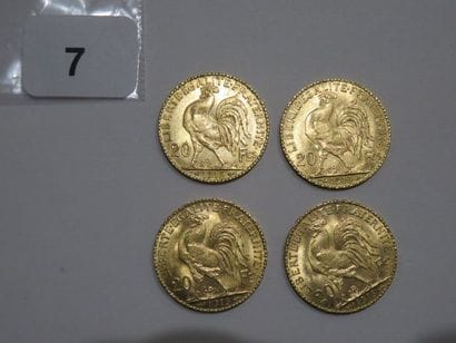 Monnaies or - Lot de 4 x 20 Francs Coq 1913...