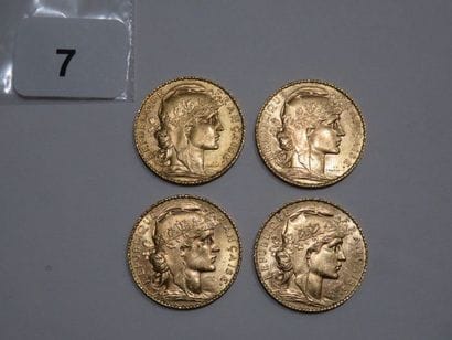 Monnaies or - Lot de 4 x 20 Francs Coq 1913...
