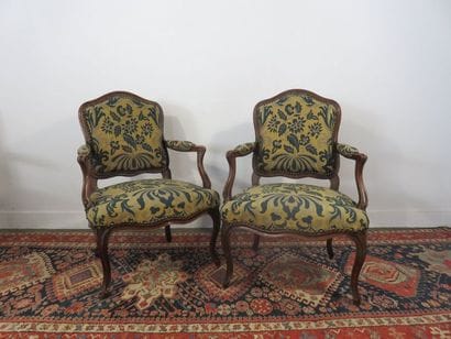 Pair of flat-backed armchairs in moulded...
