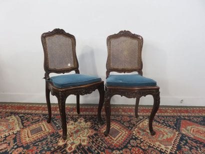Pair of moulded beech chairs, cane seat and...