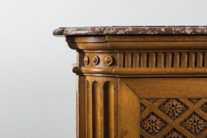 Moulded and carved oak sideboard, top rail...