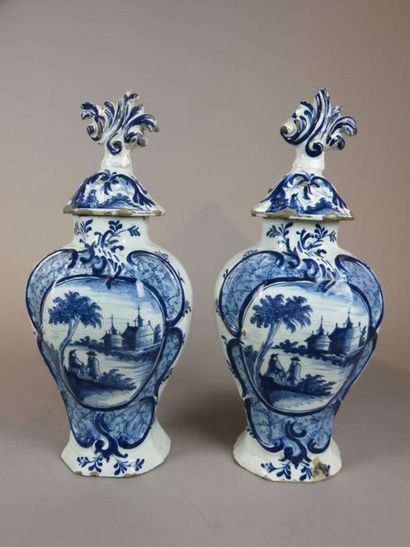 DELFT Pair of covered earthenware vases with...