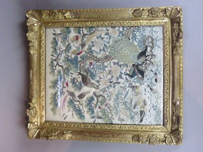 Embroidery on silk depicting numerous birds...