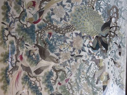 Embroidery on silk depicting numerous birds...