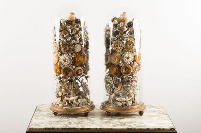 Pair of large natural and painted shell compositions...