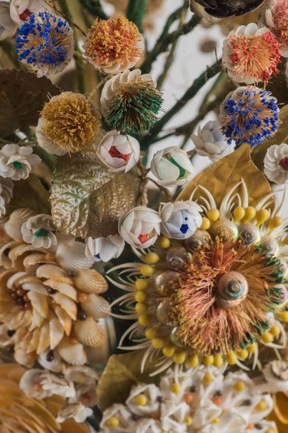 Pair of large natural and painted shell compositions...