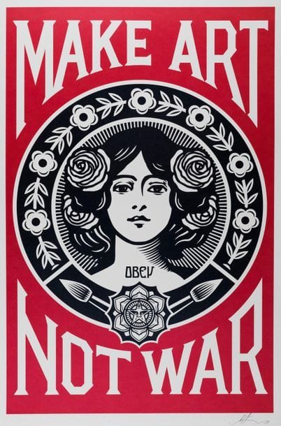 OBEY Make art not war, 2019. Offset silkscreen...