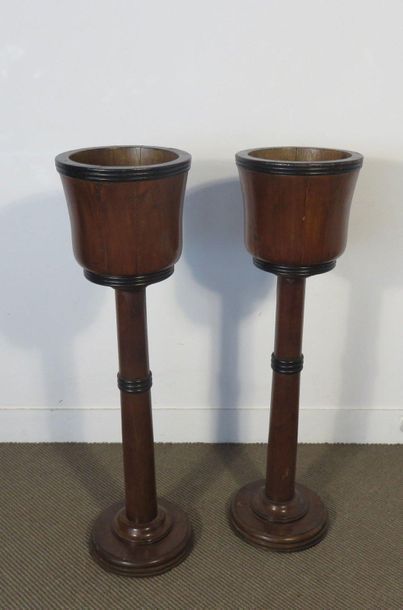 Pair of mahogany buckets on stand, blackened...