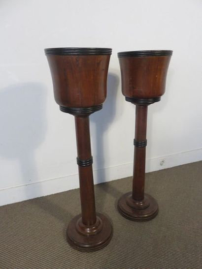 Pair of mahogany buckets on stand, blackened...