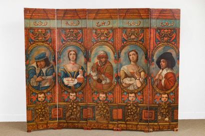 A five-leaf painted canvas screen with medallions:...