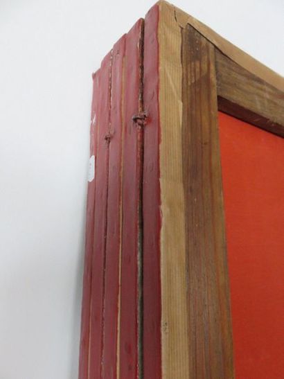 A five-leaf painted canvas screen with medallions:...