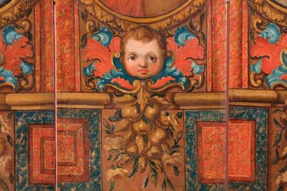 A five-leaf painted canvas screen with medallions:...