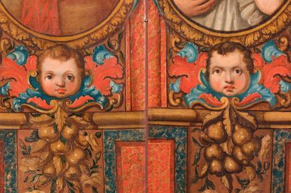 A five-leaf painted canvas screen with medallions:...