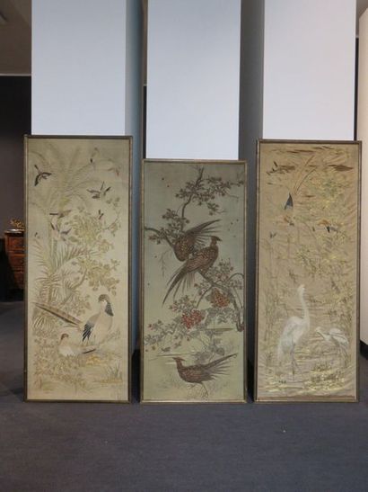 Pair of silk panels embroidered with gold...