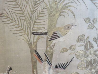 Pair of silk panels embroidered with gold...