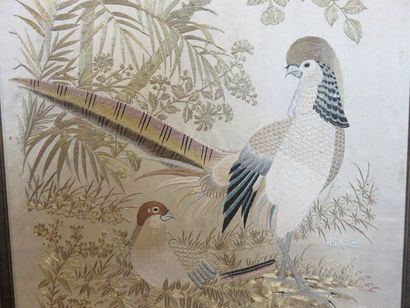 Pair of silk panels embroidered with gold...