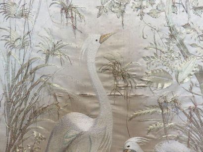 Pair of silk panels embroidered with gold...