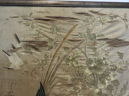 Pair of silk panels embroidered with gold...