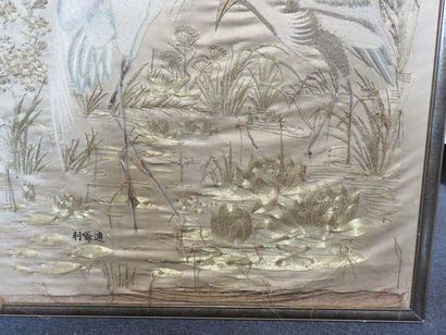 Pair of silk panels embroidered with gold...