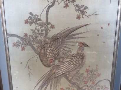 Pair of silk panels embroidered with gold...