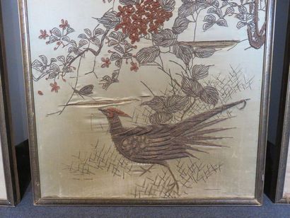 Pair of silk panels embroidered with gold...