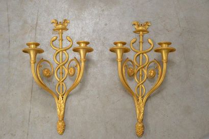 Paire d'appliques en bronze ciselé et doré,...