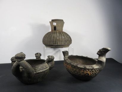 THREE black terracotta VASES, TWO of them...