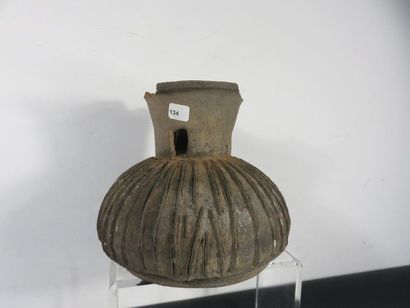 THREE black terracotta VASES, TWO of them...