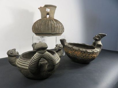 THREE black terracotta VASES, TWO of them...