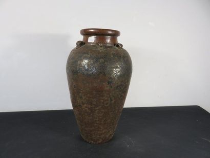 VASE. Ceramic partly glazed, small ringed...
