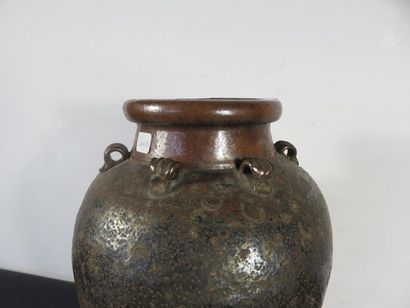 VASE. Ceramic partly glazed, small ringed...