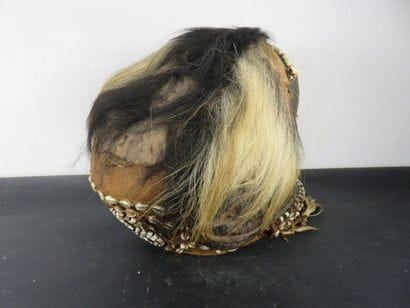 HELMET MASK. Wood, brass veneer, shells,...