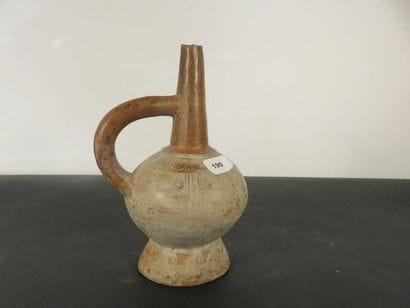 BOTTLE with handle on pedestal. Ceramic with...