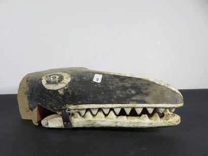 Painted wooden puppet head, movable jaw....
