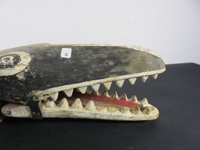 Painted wooden puppet head, movable jaw....