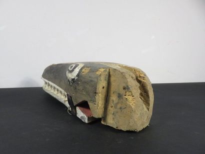 Painted wooden puppet head, movable jaw....