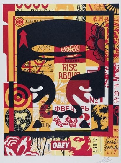OBEY Obey tryptic red, 2019. Offset silkscreen...