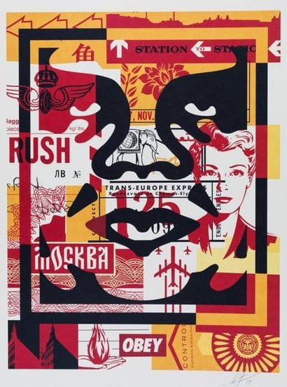 OBEY Obey tryptic red, 2019. Offset silkscreen...