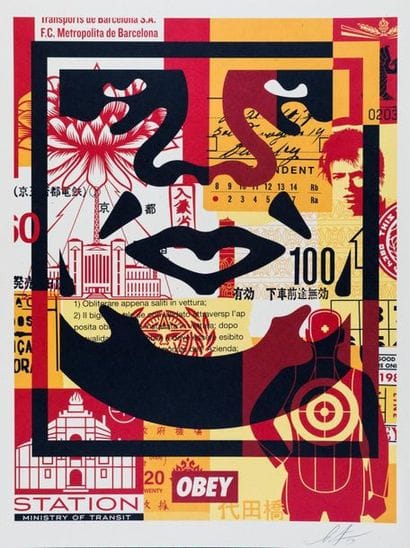 OBEY Obey tryptic red, 2019. Offset silkscreen...