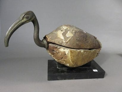 Sarcophage d’ibis dont le corps est en bois...