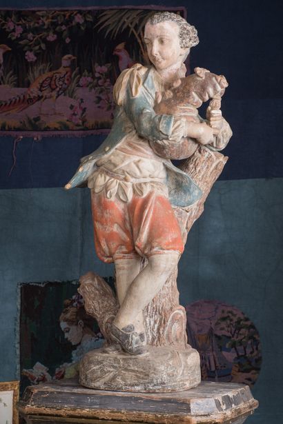 Paire de sculptures en terre-cuite polychrome...