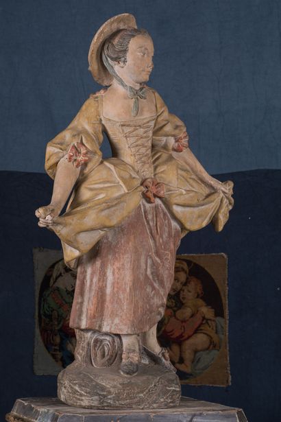 Paire de sculptures en terre-cuite polychrome...