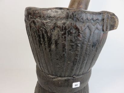 Mortar and pestle in heavy wood with patina...